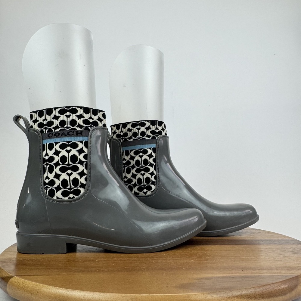 Womens Coach Rivington Logo Gray Waterproof Chelsea Rain‎ Boots Size 11 M GUC